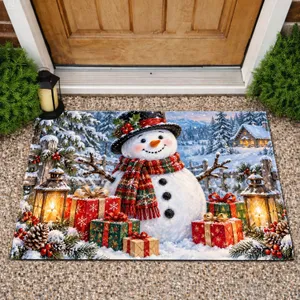 Festive Snowman With Lanterns And Gifts For A Cozy Christmas Welcome Doormat