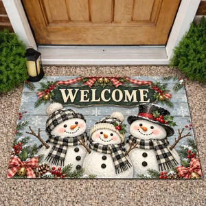 Three Snowmen with Plaid Scarves for Cozy Christmas Farmhouse Holiday Entryway Cheer Doormat