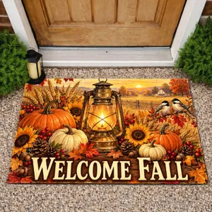Autumn Lantern, Pumpkins And Songbirds For Cozy Fall Farmhouse Seasonal Entryways Doormat