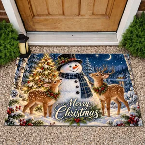 Snowman Reindeer Birch Forest Christmas Scene for Cozy Winter Holiday Homes Doormat