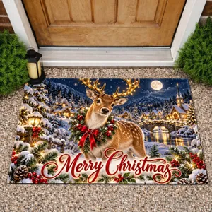 Festive Reindeer In A Snowy Christmas Village For Cozy Winter Holiday Entryways And Homes Doormat
