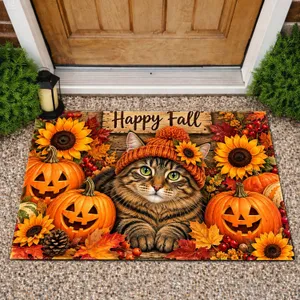 Tabby Cat in Knit Hat with Pumpkins for Cozy Autumn Entryway and Thanksgiving Decor Doormat