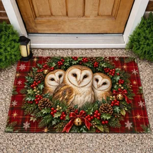 Christmas Owl Trio Holly Wreath Red Tartan for Cozy Holiday Home Decor Doormat