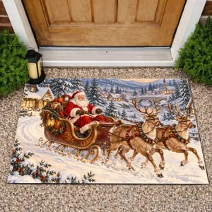 Santa Claus Sleigh and Two Reindeer in a Snowy Village for Cozy Christmas Homes Doormat