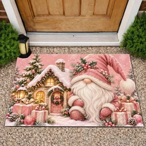 Charming Pink Christmas Gnome And Snowy Cottage For Cozy Holiday Home Decorating Doormat
