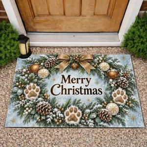 Frosted Evergreen Wreath With Paw Prints for Cozy Christmas Holiday Decor Doormat