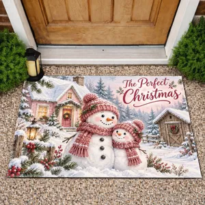 Pink Cottage And Snowman Companions For A Cozy Christmas Home Holiday Doormat