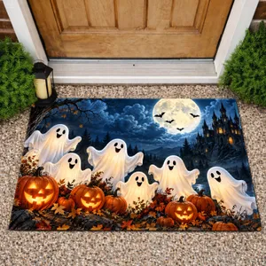 Friendly Ghosts, Glowing Pumpkins And Haunted Castle For Halloween Night Decor Doormat