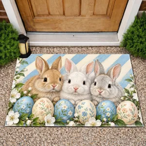 Three Easter Bunnies With Pastel Eggs for a Charming Springtime Entry Doormat