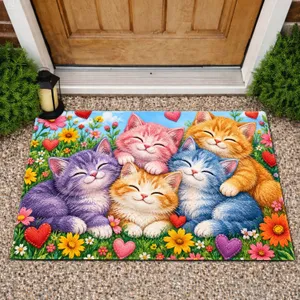 Five Colorful Kittens Among Flowers for Cheerful Springtime Living and Cat-Loving Homes Doormat