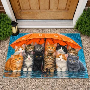 Colorful Kittens Under an Orange Umbrella for Cozy Rainy Day Cat Lover Spaces Doormat