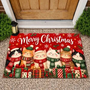 Six Festive Christmas Cats with Presents for a Cozy Holiday Home Celebration Doormat