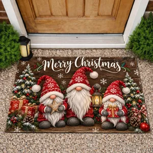Three Christmas Gnomes and Evergreen Trees for Cozy Holiday Homecoming Cheer Doormat