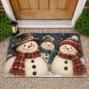 Three Rustic Christmas Snowmen in a Vintage Winter Scene for Cozy Holiday Home Decor Doormat