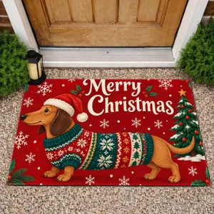 Christmas Dachshund in Santa Hat and Sweater for Festive Holiday Home Decor Doormat