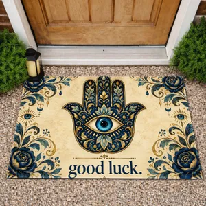 Golden Blue Hamsa Hand with Evil Eye for Bohemian Good Fortune and Housewarming Gifts Doormat