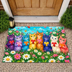Eight Colorful Cats Holding Hearts in a Spring Garden for Cheerful Cat Lover Homes Doormat