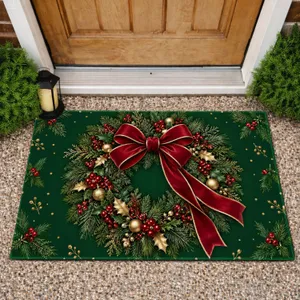 Evergreen Christmas Wreath with Red Bow for Festive Holiday Home Decorating Doormat