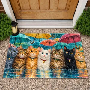 Seven Colorful Umbrellas and Expressive Cats for Rainy Day Cat Lovers Doormat