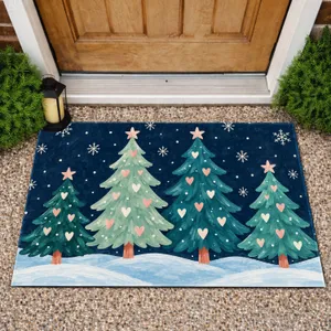 Four Folk Art Christmas Trees with Hearts and Snowflakes for Cozy Holiday Entryways Doormat