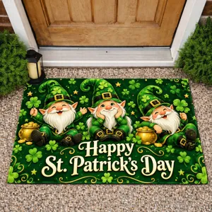Three Cheerful Green-Hatted Gnomes for St. Patrick’s Day Seasonal Home Celebrations Doormat