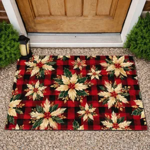 Red Black Buffalo Plaid Poinsettia Holiday Style for Cozy Christmas Kitchen Homes Doormat