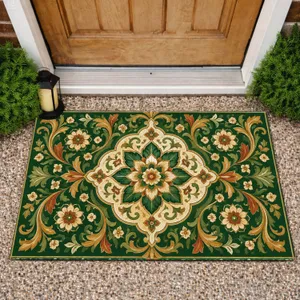 European Green Floral Mosaic Medallion for Elegant Botanical Home Styling Lovers Doormat