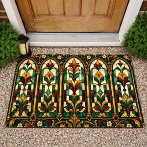 Vintage Stained Glass Arched Window Panel For Cozy European Autumn Home Decor Accents Doormat