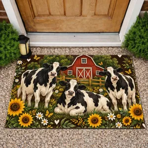 Holstein Cows Red Barn Sunflowers for Cozy Rustic Farmhouse Living Doormat