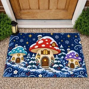 Whimsical Mushroom Cottage Nightscape for Cozy Winter Holiday Home Decorating Fairytale Doormat