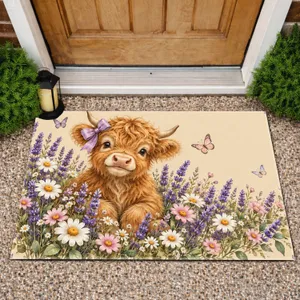 Lavender Daisy Highland Calf with Bow for Cozy Autumn Farmhouse Seasonal Home Decor Doormat
