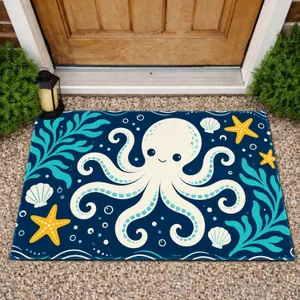 Cute Octopus And Starfish Ocean Art For Cheerful Coastal Home Decor Doormat