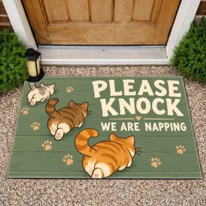 Three Cozy Cats Please Knock Message for Quiet Home Living and Cat Lover Gifts Doormat