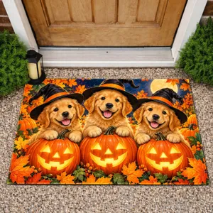 Golden Puppy Trio With Jack-O'-Lanterns for Cozy Halloween Home Decor Lovers Doormat