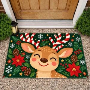Cheerful Reindeer With Striped Antlers for Cozy Christmas Home Decorating and Winter Cheer Doormat