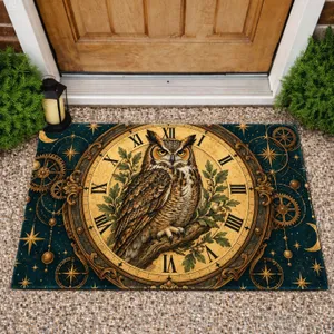Vintage Owl Clock Face for Whimsical Woodland Entryway Charm and Nature Lovers Doormat