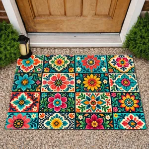 Colorful Floral Mandala Tile Patchwork for Cheerful Bohemian Entryways and Home Decor Doormat