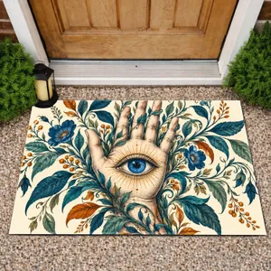Surreal Blue Eye Held in Ornate Hand with Botanical Vines for Mystical Home Decor Doormat