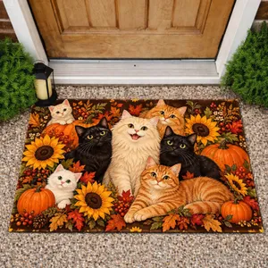 Autumn Cats with Sunflowers and Pumpkins for Cozy Fall Home Decor Doormat