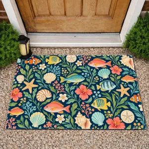 Navy Blue Fish, Seashell and Botanical Motifs for Coastal Home Style and Ocean Lovers Doormat