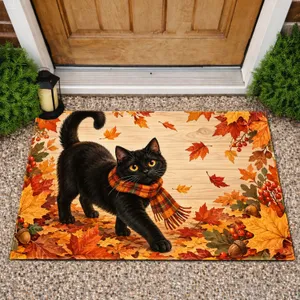 Black Cat Among Autumn Leaves for Cozy Fall Home Decor and Cat Lovers Indoors Doormat