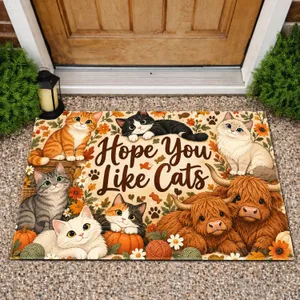Playful Cats and Shaggy Highland Cows for Cozy Autumn Home Entryway Seasonal Style Doormat