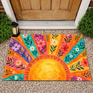 Colorful Rainbow Sunburst With Floral Rays For A Cheerful Bohemian Home Entrance Doormat
