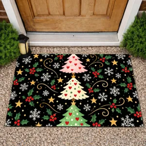 Three Christmas Trees with Hearts and Snowflakes for a Cheerful Holiday Home Decor Doormat