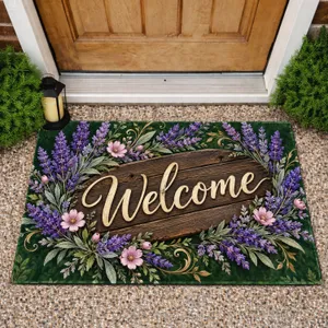 Lavender Welcome Sign With Rustic Wood And Floral Sprigs For A Cozy Country Entryway Doormat