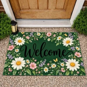 Daisy Wildflowers And Welcome Script For A Cheerful Garden-Inspired Home Entryway Doormat
