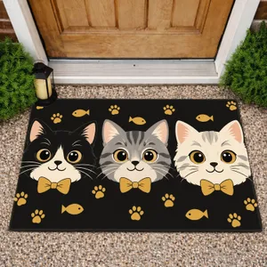 Three Bow-Tied Cat Faces With Tiny Fish Accents For Playful Cat-Loving Homes Everyday Doormat
