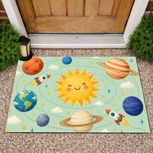 Cute Solar System Planets and Smiling Sun for Whimsical Kids' Space-Themed Home Decor Doormat