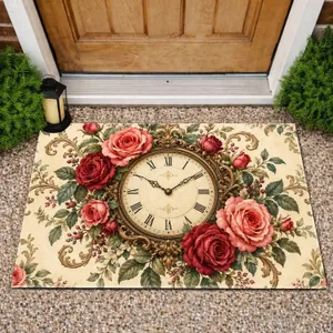 Vintage Rose Bouquet Clock for Timeless Romantic Cottage Home Entryway Decor Style Doormat