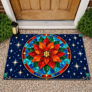 Stained Glass Poinsettia Holiday Decor for Festive Seasonal Home Entryway Style Doormat